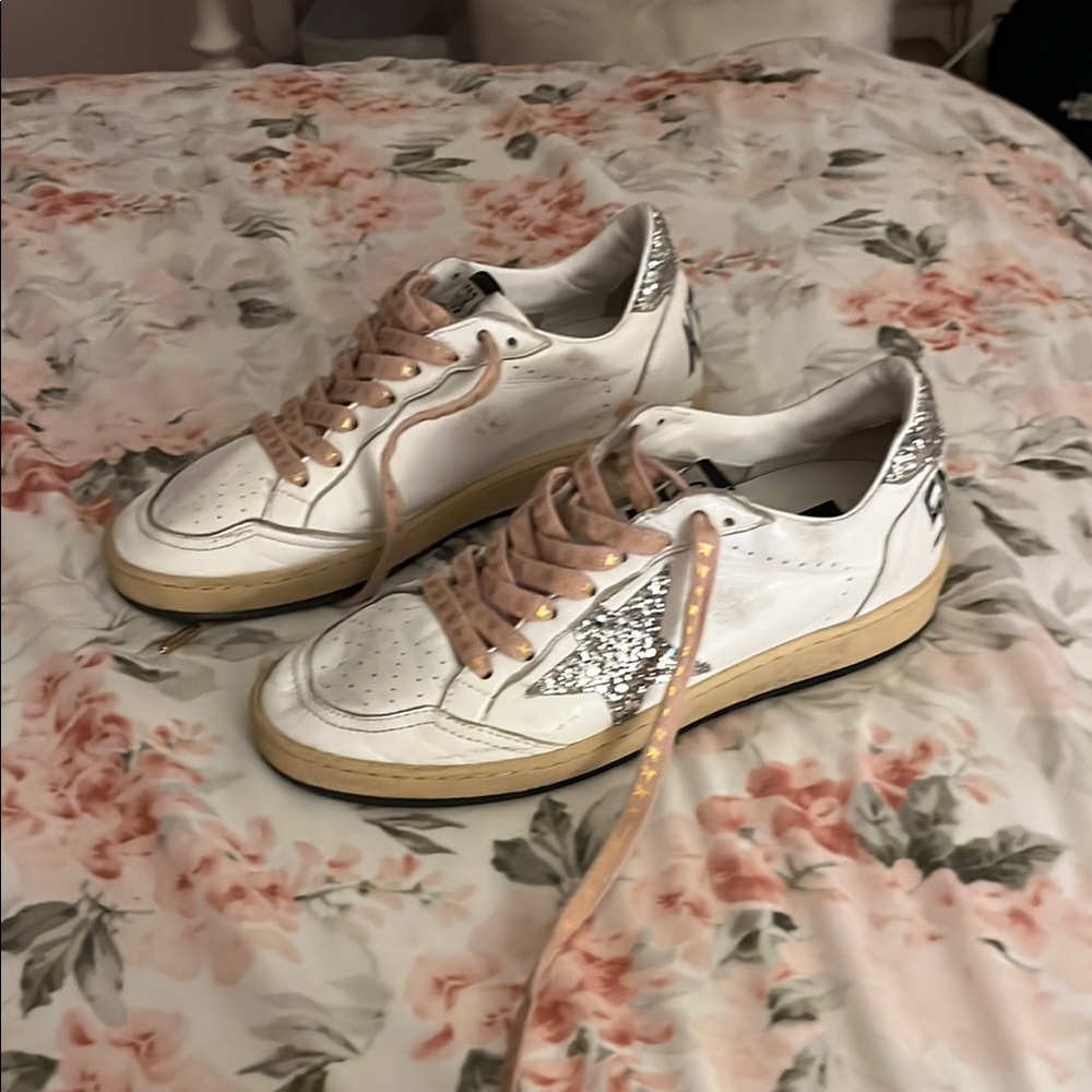 Golden Goose White and Pink Vintage Sneakers